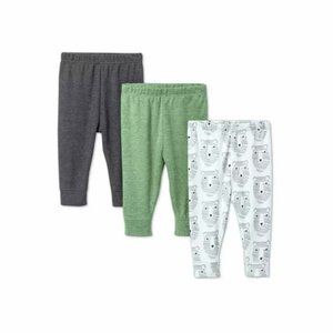 NWT! Baby 3pk Little Cub Pull-On Pants - Cloud Island Green/White/Gray 0-3 mos